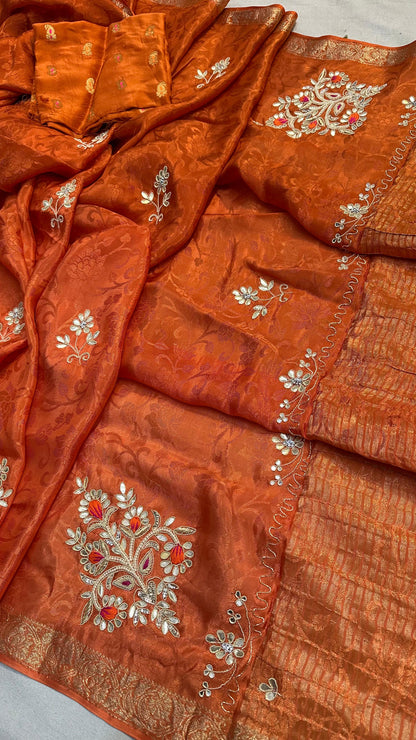Pure Chinon Jacquard Saree with Zari Hand Work | Fancy Designer Festive Saree for Women