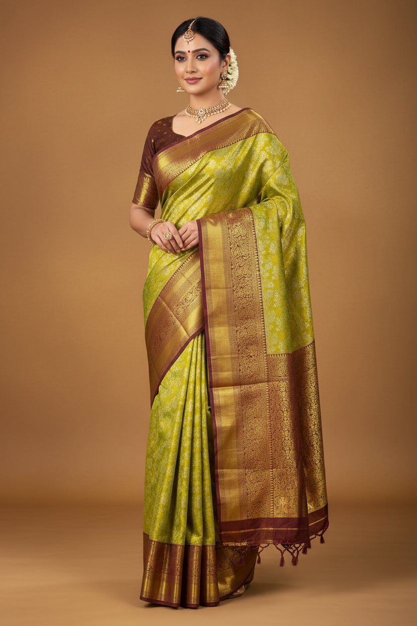Mint Golden Pure Kanchipuram Silk Saree – Silk Mark Certified Handwoven Saree