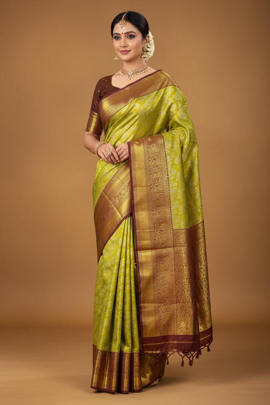 Mint Golden Pure Kanchipuram Silk Saree – Silk Mark Certified Handwoven Saree