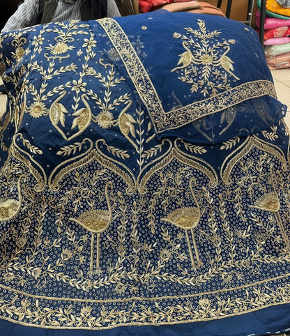Elegant Bridal Poshak: Heavy Bember Satin, Pure Thakurji Odhna | Jardoji, Dabka & Aari Handwork