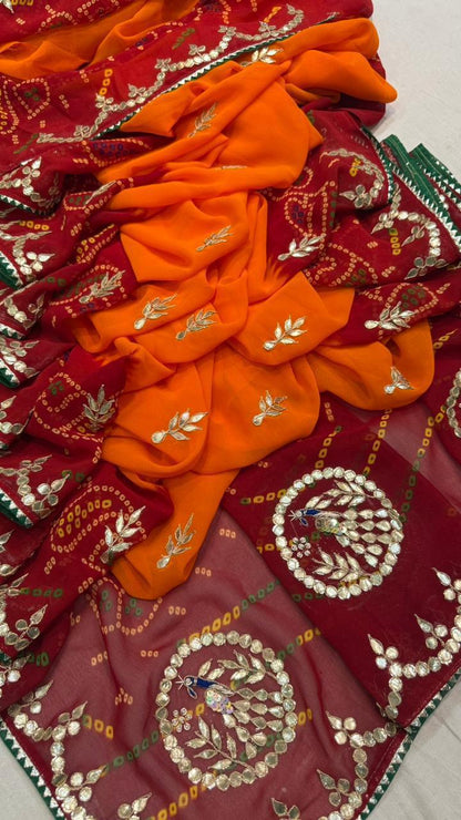 Pure Georgette Peacock Pallu Saree with Gota Patti Work – Chanderi Pilla Traditional Saree