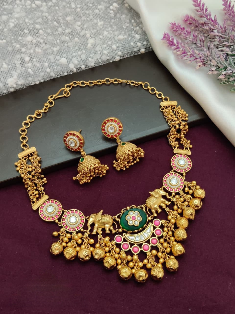 Elegant Partywear Gold Necklace Set with Designer Jhumka Earrings
