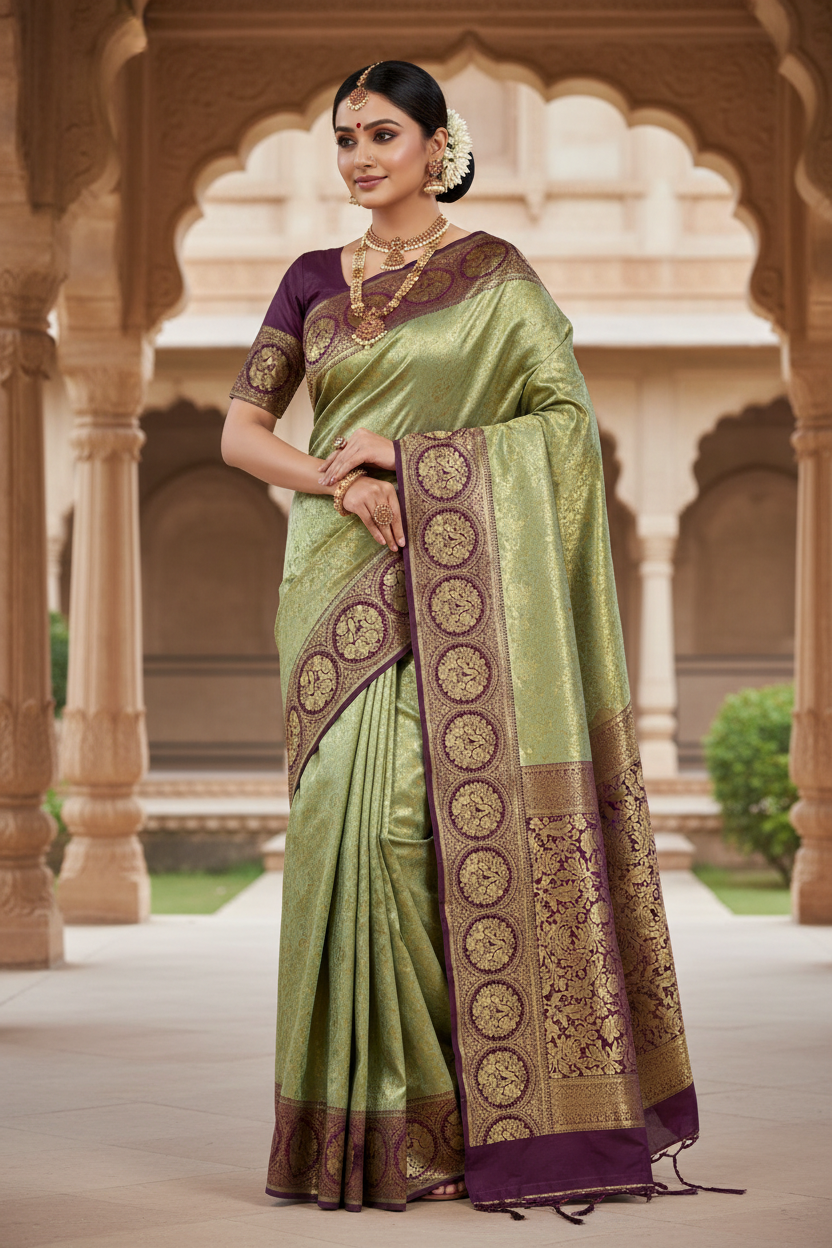 Mint & Wine Pure Kanjivaram Silk Saree – Elegant Handwork | Silk Mark Certified