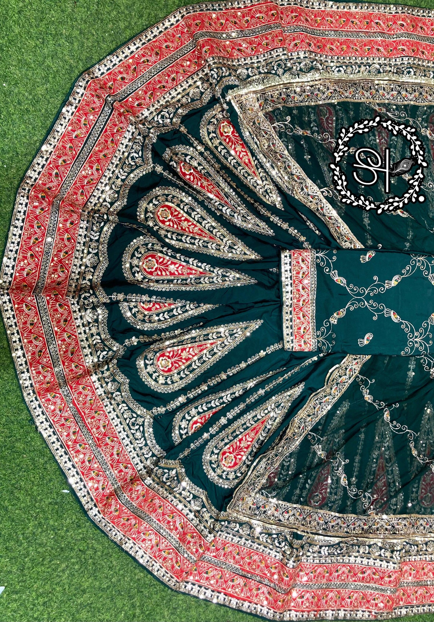 Designer Vintage Style Rajputi Poshak | Premium Crepe Silk & Humarai Pure Odhani | Heavy Zari & Velvet Patch Work