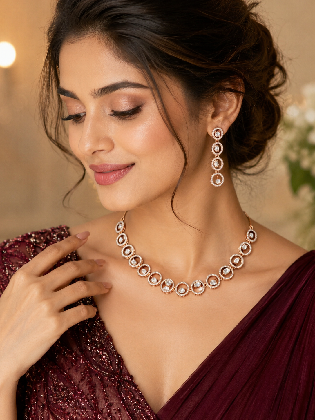 Stylish Rose Gold American Diamond AD Jewelry Set