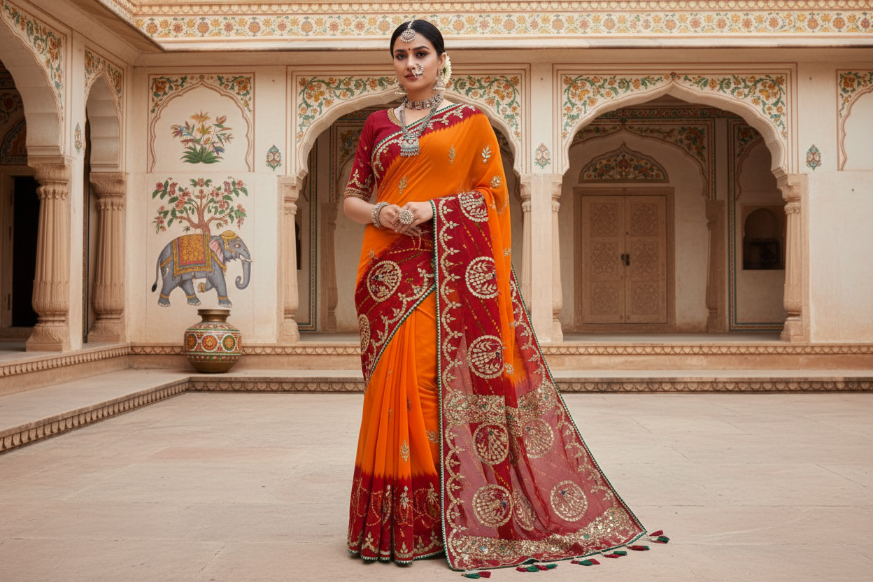 Pure Georgette Peacock Pallu Saree with Gota Patti Work – Chanderi Pilla Traditional Saree