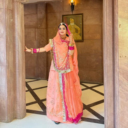 Elegant Partywear Rajputi Poshak | Upada Fabric, Kasab, Kundan & Resham Handwork