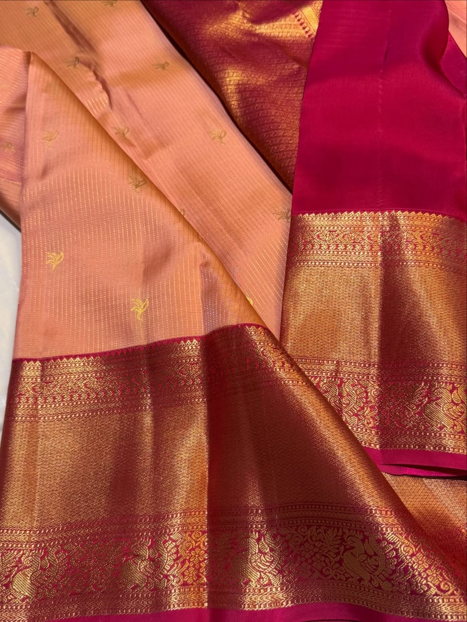 Peach & Pink Pure Kanchipuram Silk Saree with Golden Peacock Work – Silk Mark Certified