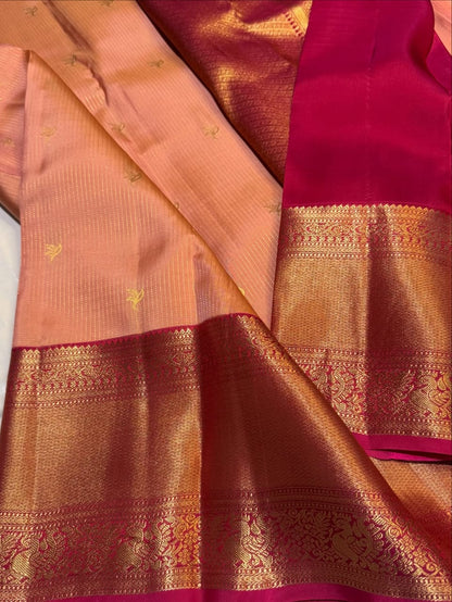 Peach & Pink Pure Kanchipuram Silk Saree with Golden Peacock Work – Silk Mark Certified