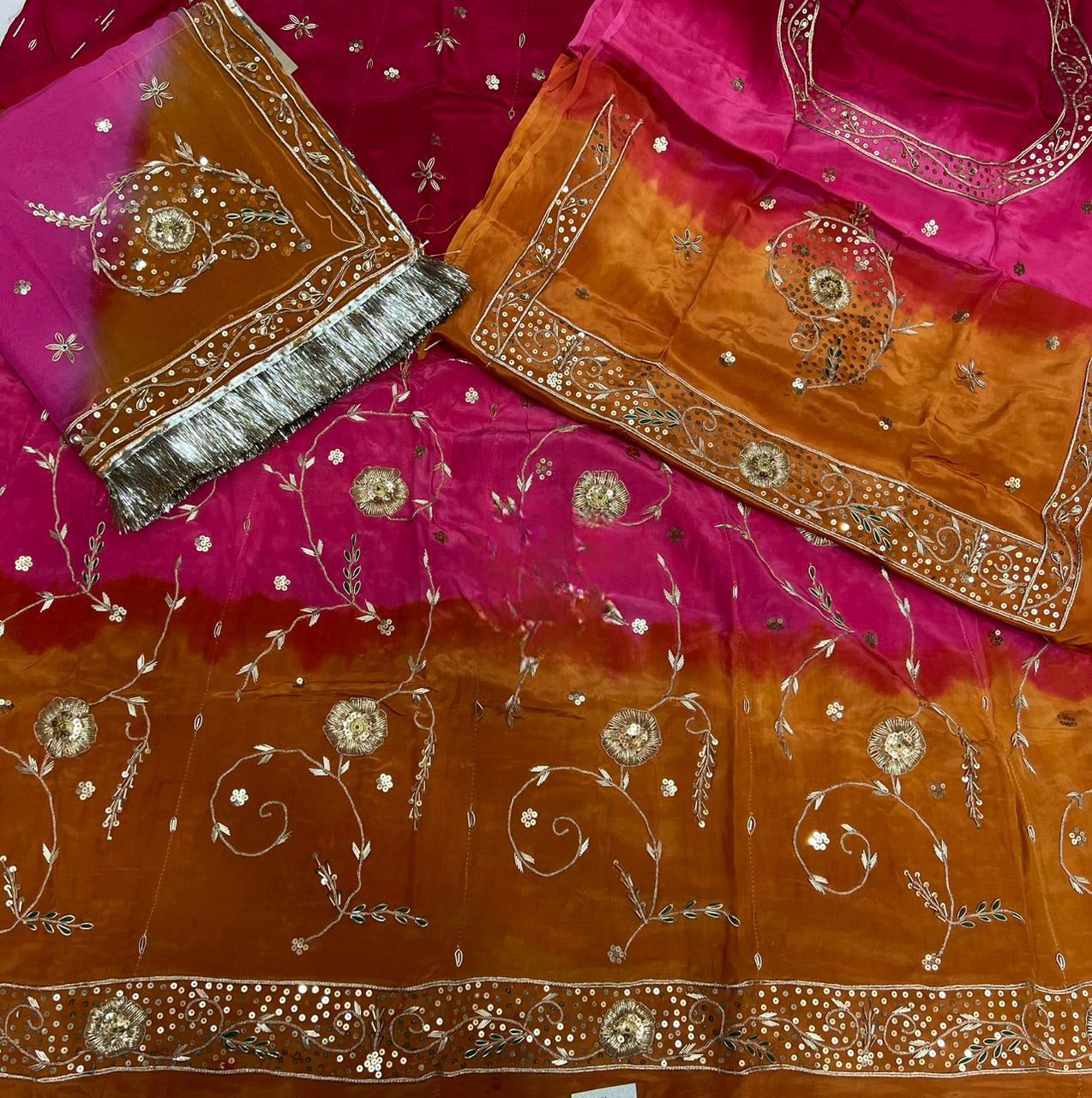 Designer 3-Shade Rajasthani Poshak in Natural Fabric – Zardozi, Dabka & Full Hand Aari Work