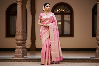 Pure Kanchipuram Silk Saree – Silk Mark Certified Pink Zari Woven Beauty