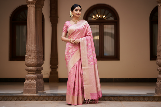 Pure Kanchipuram Silk Saree – Silk Mark Certified Pink Zari Woven Beauty