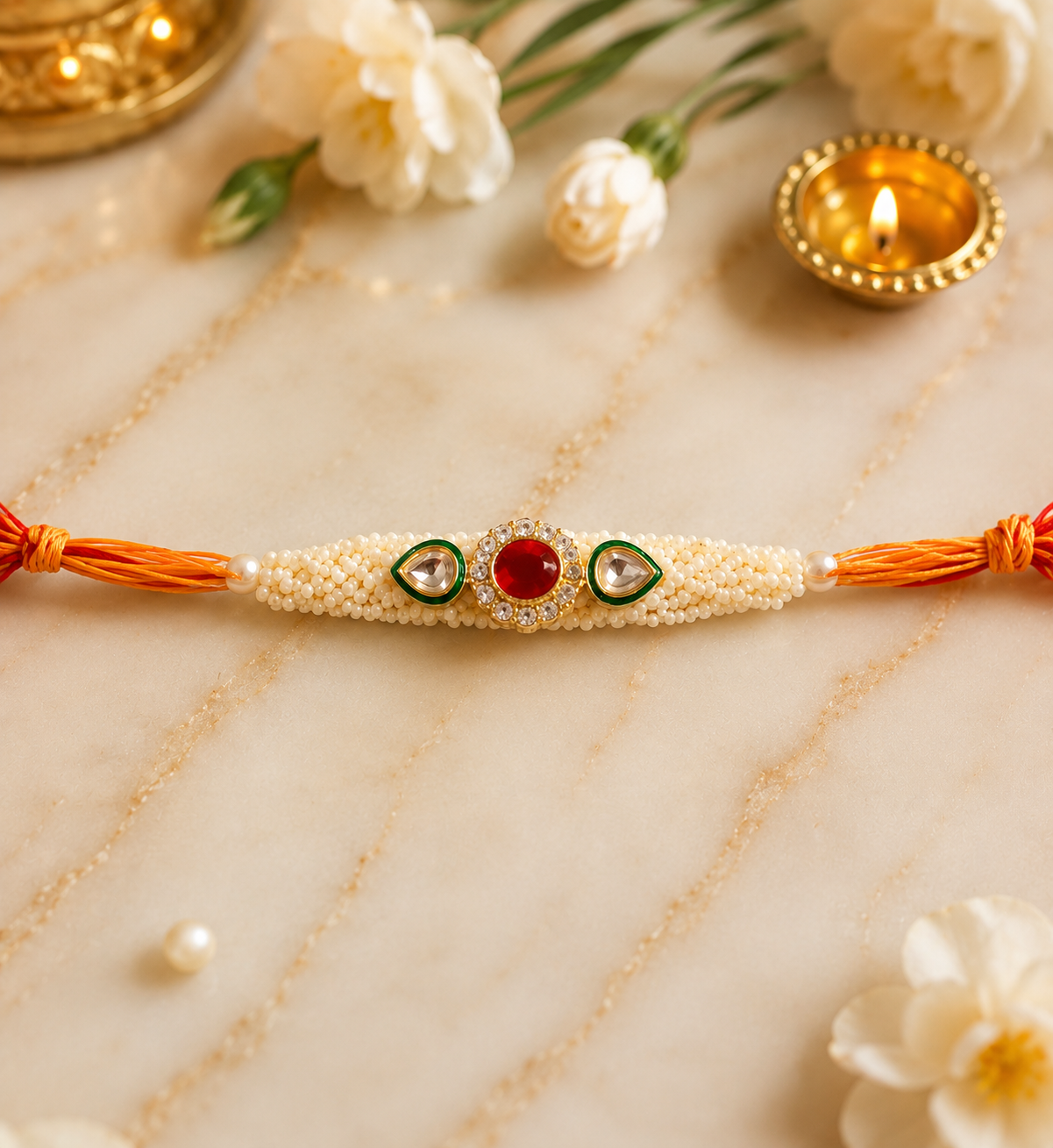Wonderous handcrafted kundan work pearl Rakhi (pack of 1)