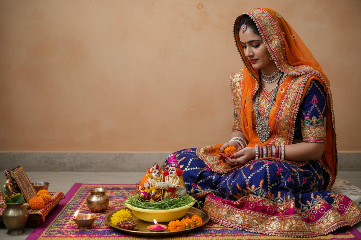 Eco-Friendly Gangaur Murti Set – Natural Clay Idol with Pooja Kit (Haldi, Kodi, Coin, Supari & Chunri)
