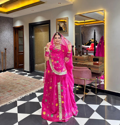 Rani Pink Upada Silk Rajputi Poshak – Hand Painted Aari Work Designer Lehenga with Heavy Odhani