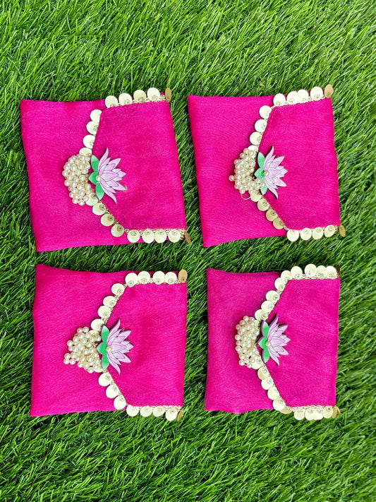 Lotus Embellished Organza Coin Pouch with Moti Latkan (Pack of 20) | Designer Shagun Bags