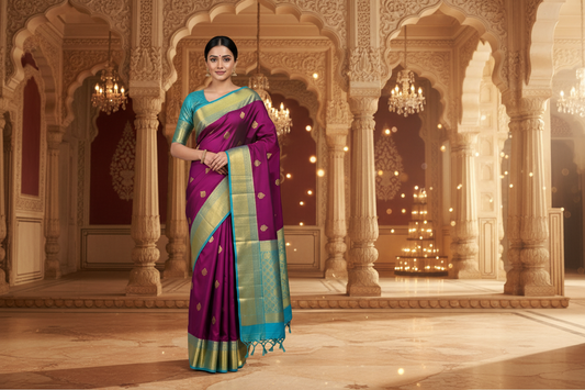 Beautiful colour purple Royal Blue Kanjivaram pure silk saree silk mark certified