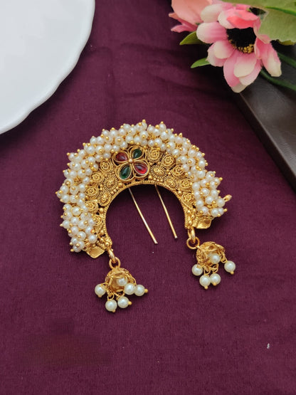 Pearl Kundan Juda Pin – Royal Hair Brooch for Wedding Bun, Bridal & Festive Hairstyles