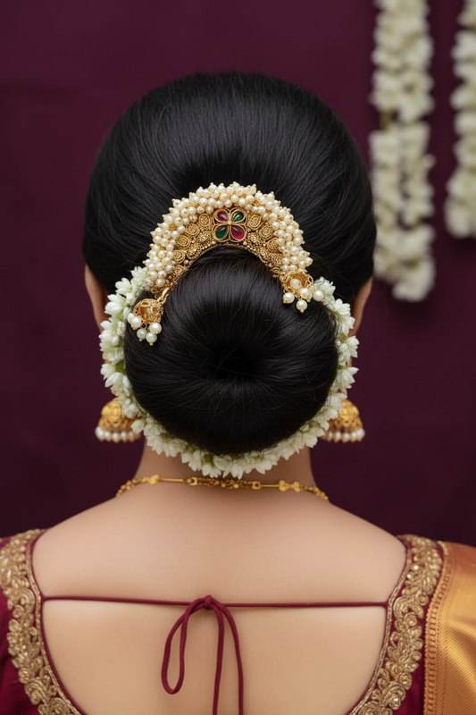 Pearl Kundan Juda Pin – Royal Hair Brooch for Wedding Bun, Bridal & Festive Hairstyles