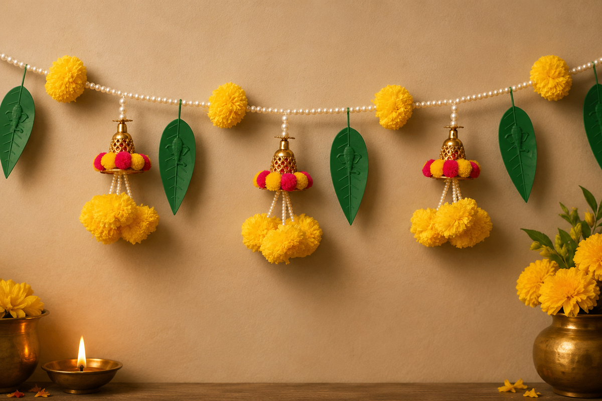 White Moti Marigold fluffy flowers garland bell 🔔 mango leaf with ganpati handcrafted Bandarwal/Toran   37*inch