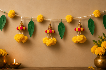 White Moti Marigold fluffy flowers garland bell 🔔 mango leaf with ganpati handcrafted Bandarwal/Toran   37*inch
