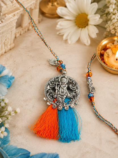 Mor Pankh Krishna Oxidised Bhaiya Bhabhi Rakhi Set with Blue and Orange Tassel Lumba Rakhi