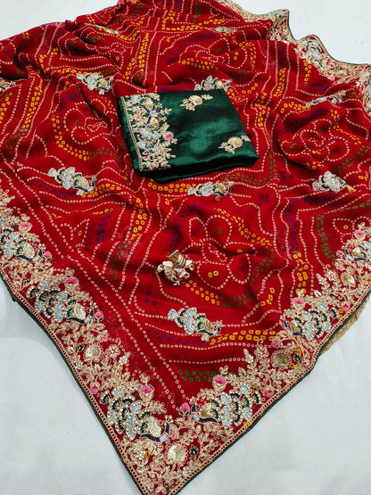 Traditional Handwork Chunri Pilla – Bandhani Georgette Saree with Heavy Embroidery Border