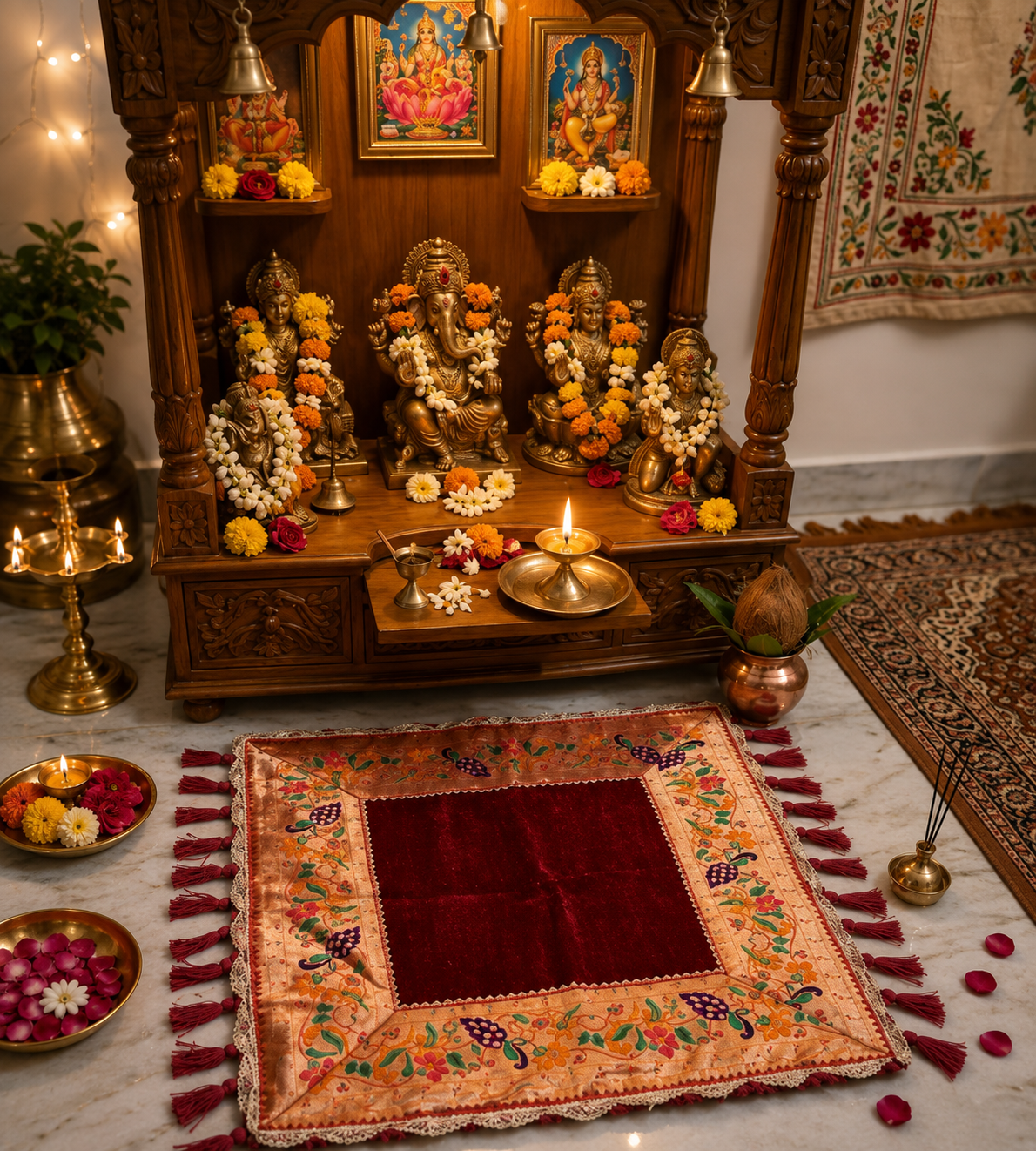 Handcrafted Traditional Puja Aasan | Premium Prayer Mat |Decorative Puja Chowki Aasan | Handmade Prayer Mat