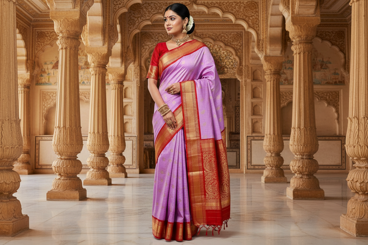 Pure Kanjivaram Silk Saree with Fancy Gap Border – Kanjipuram Silk Mark Certified