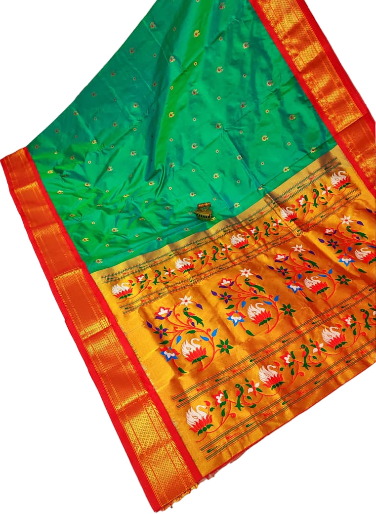 Majestic Karnful Peacock Kadiyal Pure Silk Paithani Saree | Luxury Designer Paithani
