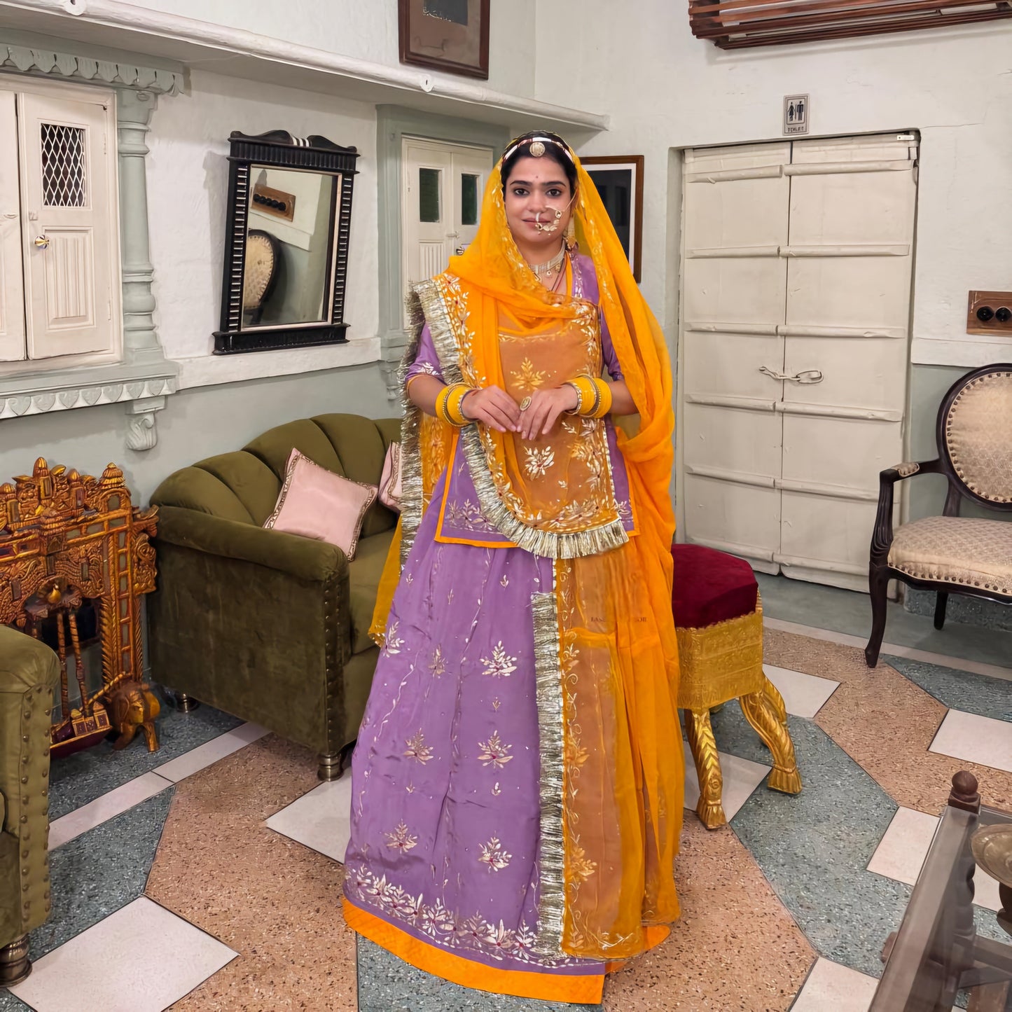 Elegant Partywear Rajasthani Poshak – Natural Crepe with Aari, Resham, Gota Patti & Kundan Work