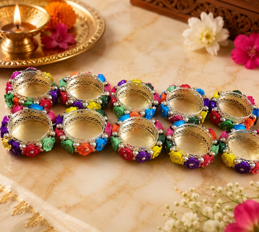 Vibrant Multi-coloured Floral Metal Diya Set🪔 (Pack of 2 Diya)