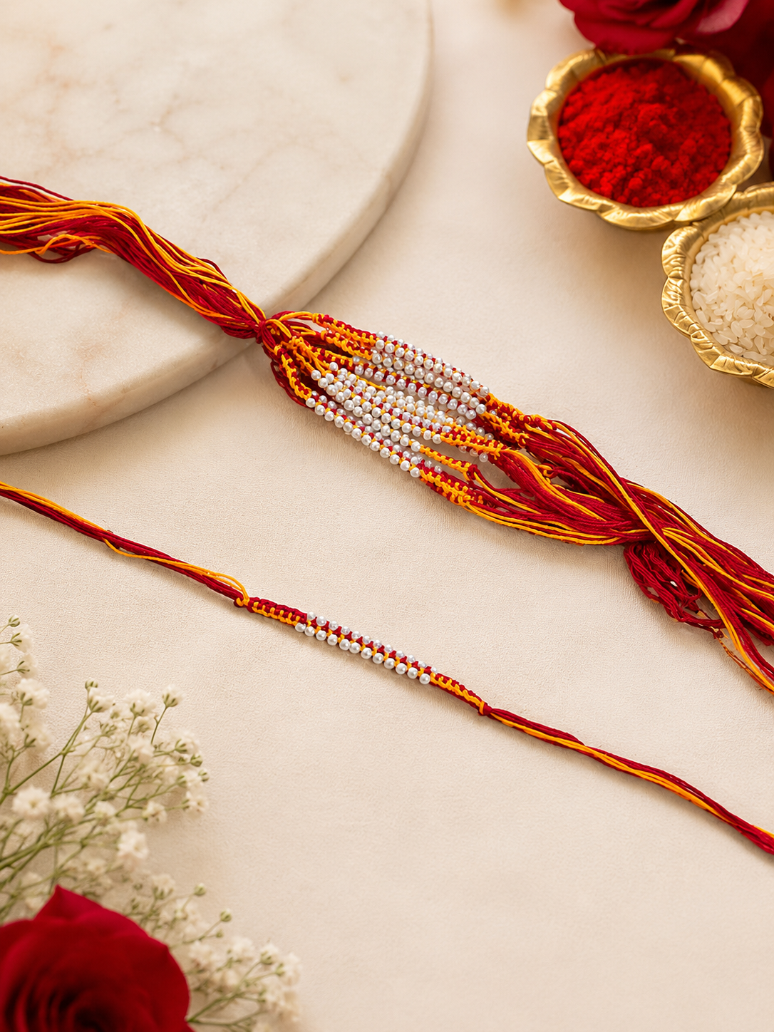 Double line Moti handwork fancy Moli Kalawa Rakhi ( Pack of 1 Rakhi)