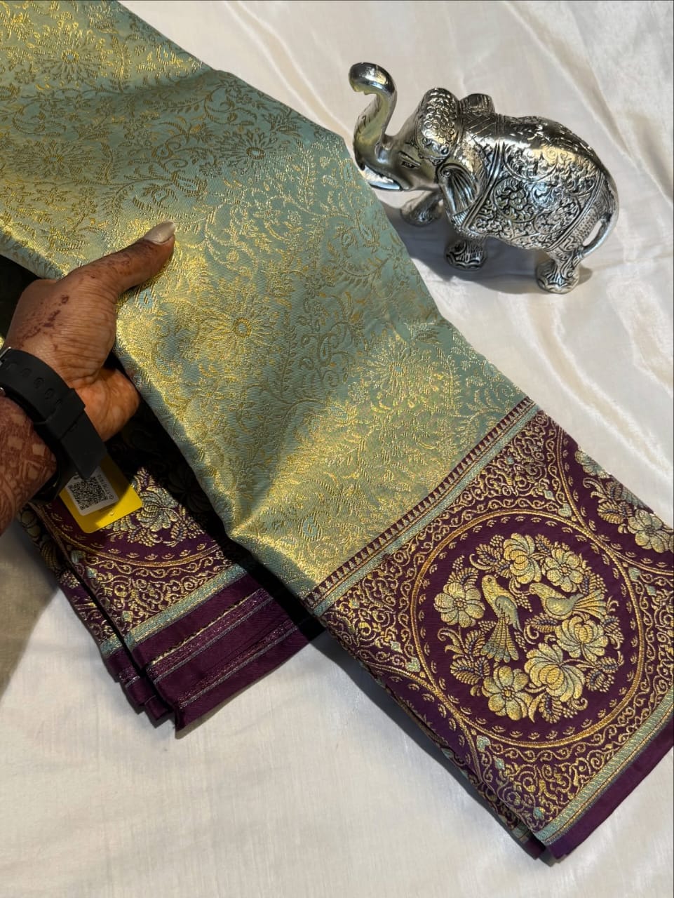 Mint & Wine Pure Kanjivaram Silk Saree – Elegant Handwork | Silk Mark Certified