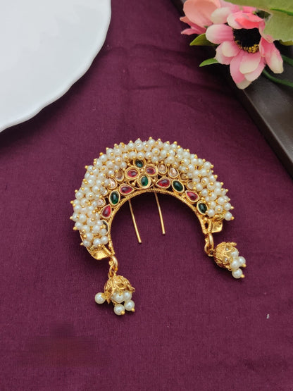 Pearl Kundan Juda Pin – Royal Hair Brooch for Wedding Bun, Bridal & Festive Hairstyles