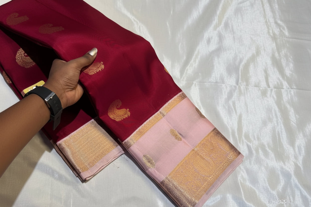 Elegant Maroon Pink Kanjivaram Pure Silk Saree with Golden Work | Silk Mark Certified Bridal Saree
