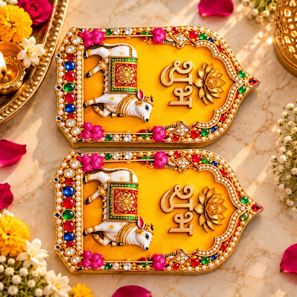 Beautiful MDF Pichwai Design Subh Labh pair  size 6*inch