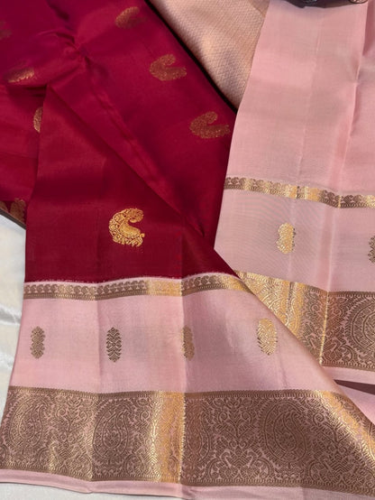 Elegant Maroon Pink Kanjivaram Pure Silk Saree with Golden Work | Silk Mark Certified Bridal Saree