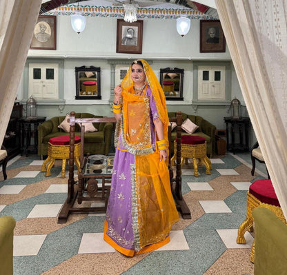 Elegant Partywear Rajasthani Poshak – Natural Crepe with Aari, Resham, Gota Patti & Kundan Work