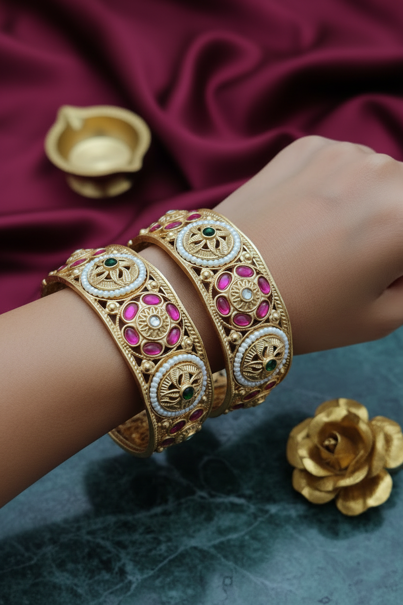 Rajwari Elegant Screw Patla Bangle – Heritage Gold Tone Kada pair