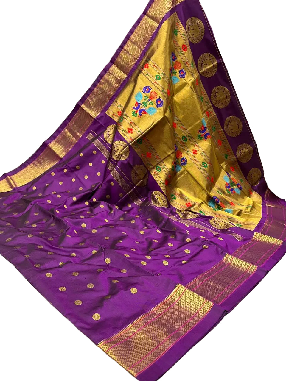 Pure Silk Handwoven Paithani Saree – Kalanjali All Over Butta with Contrast Blouse