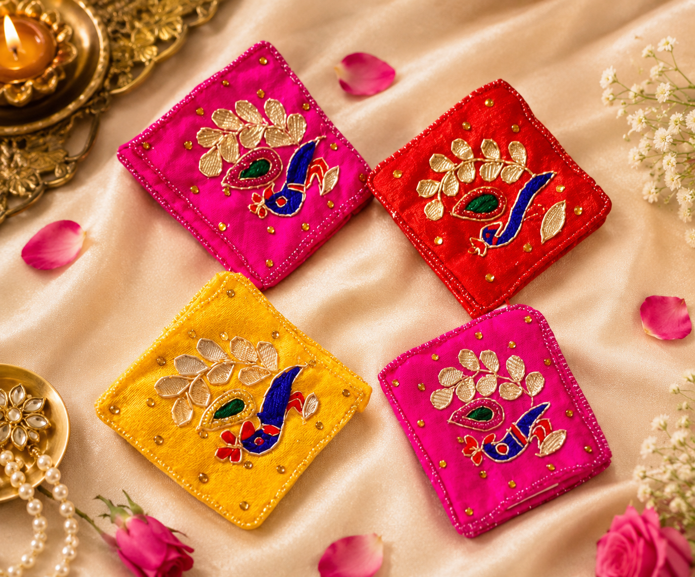 Peacock Design Zardosi Gotta Patti Coin Pouches | Mini Potli Bags Pack of 10