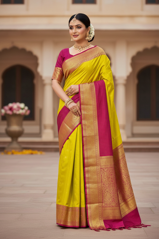 Lemon green Rani pink Gap Border elegant Kanchipuram pure silk saree silk mark certified