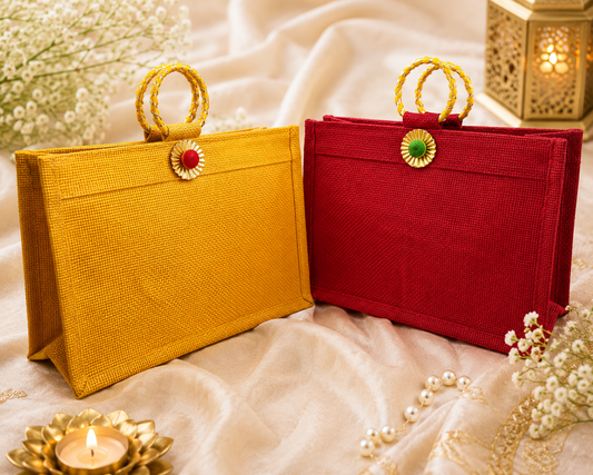 Gota work Chudi Handle Jute Gift Bag – Large Return Gift Bag for Wedding, Diwali & Festive Gifting