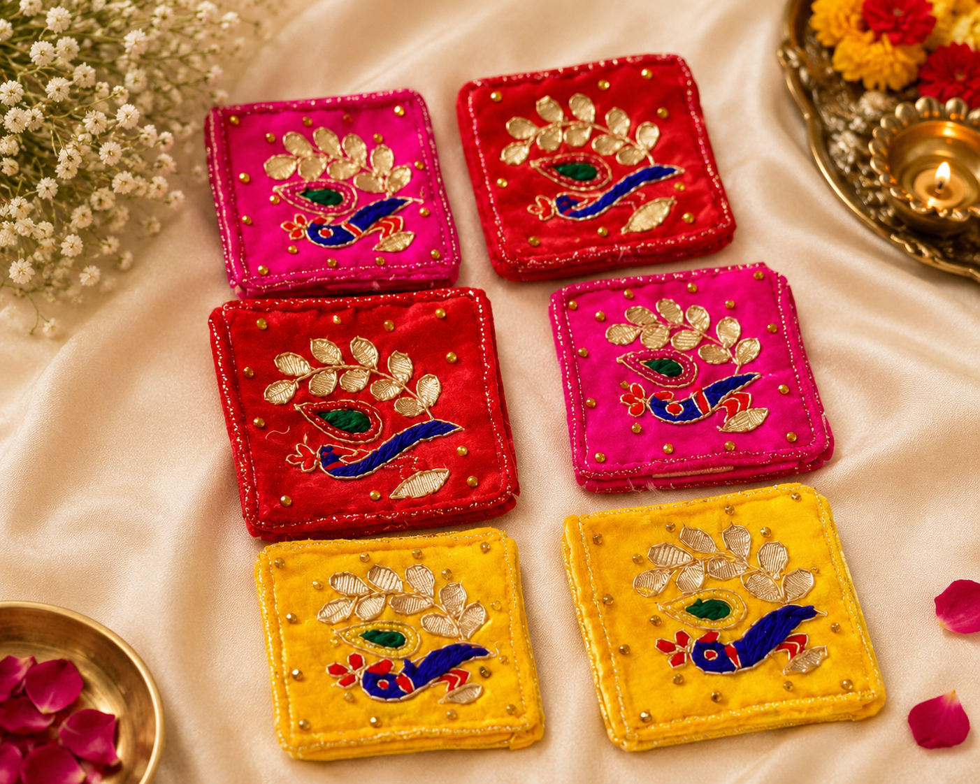 Peacock Design Zardosi Gotta Patti Coin Pouches | Mini Potli Bags Pack of 10
