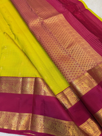 Lemon green Rani pink Gap Border elegant Kanchipuram pure silk saree silk mark certified