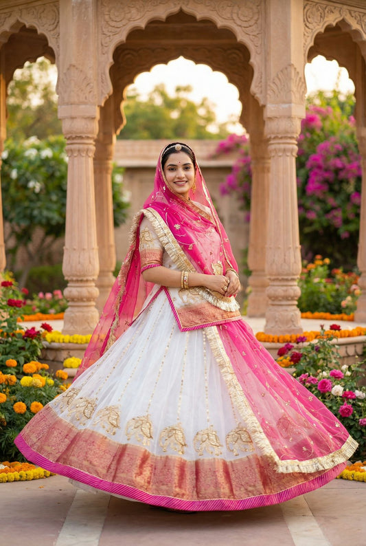 Rajwadi Tissue Organza Rajasthani Poshak – 4 Mtr Gher with Banarasi Border & Copper Sequin Work