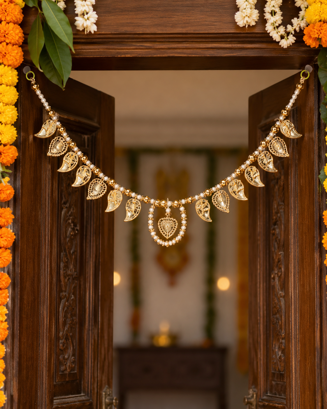 Paan mango leaf with swasthik design golden white Moti zula handcrafted Bandarwal/ toran  37* inch