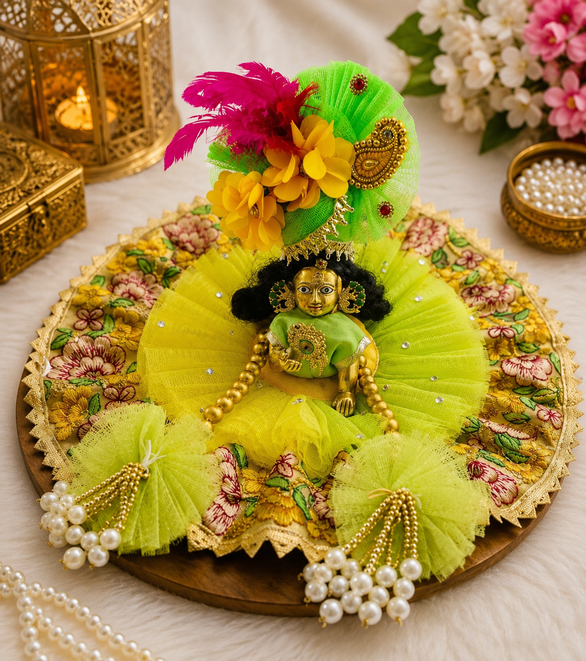 Handcrafted Lime Green Laddu Gopal Poshak Set with Mukut, Mala & Pagri | Krishna Dress