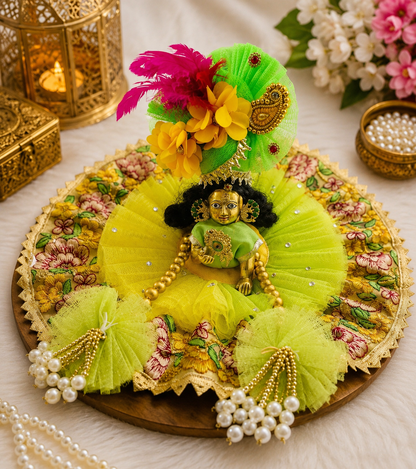 Handcrafted Lime Green Laddu Gopal Poshak Set with Mukut, Mala & Pagri | Krishna Dress